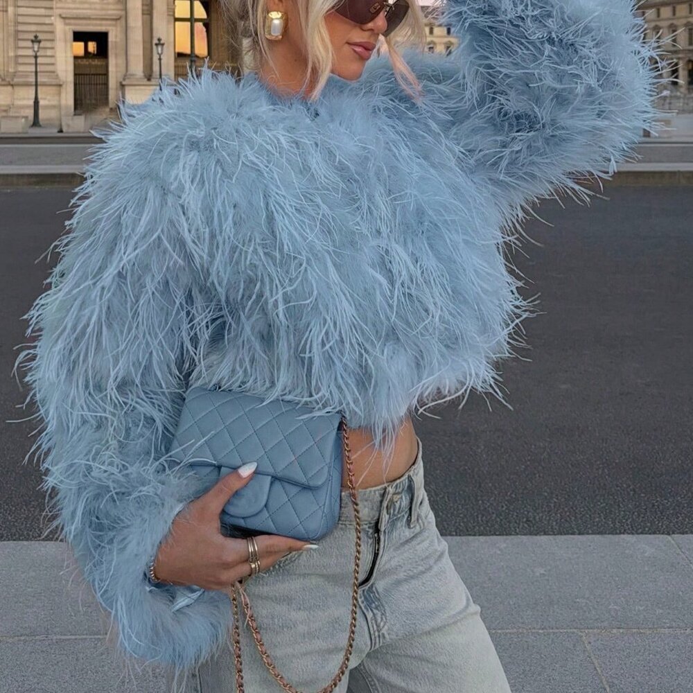 Blue Casual Women's Crew Neck Long Haired Coat